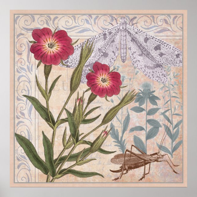 Poster Flores e Insetos da Muralha da Nature Lover (Frente)