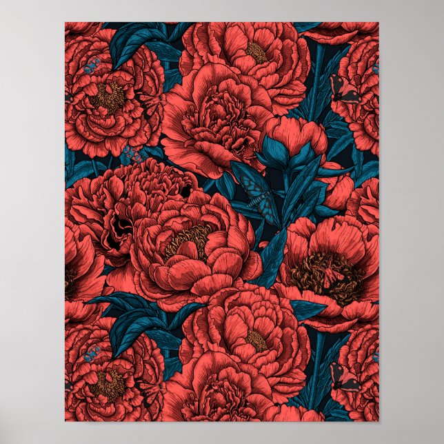 Poster Flores e mariposas de ervilhas vermelhas (Frente)
