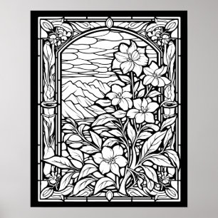 Poster Flores e Montanhas Coloração da Janela de Vidro Es
