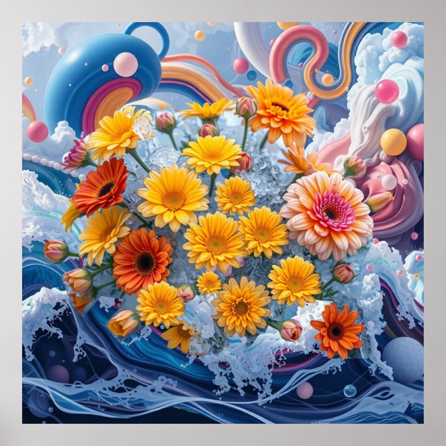 Poster Flores e Ondas do Oceano (Frente)