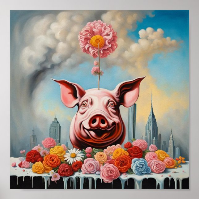 Poster Flores e Pig Wall Art (Frente)