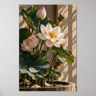 Poster Flores e Vagens de Lótus Rosa Arte Botânica na Par