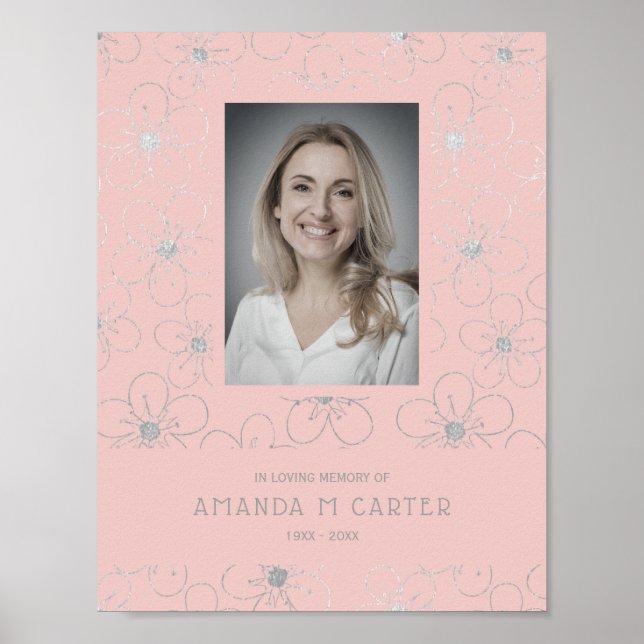 Poster Flores Efeito Prata Rosa para Funeral de Entes Que (Frente)