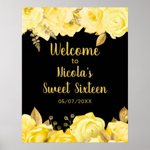 Poster Flores Elegantes Amarelas e Douradas Sweet Sixteen