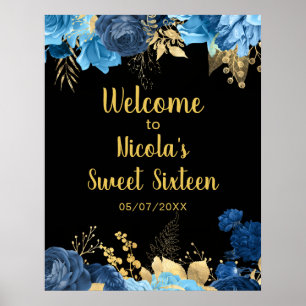 Poster Flores Elegantes Azuis e Douradas Sweet Sixteen