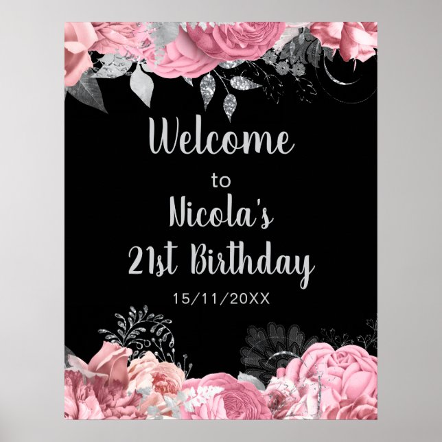 Poster Flores Elegantes Rosa e Prata para Festa de Aniver (Frente)