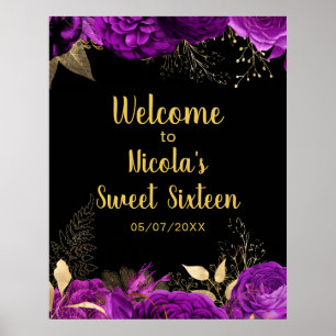 Poster Flores Elegantes Roxas e Douradas Sweet Sixteen
