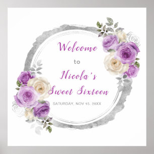 Poster Flores Elegantes Roxas e Prateadas Doce Dezesseis