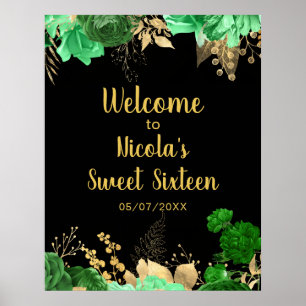 Poster Flores Elegantes Verdes e Douradas Sweet Sixteen