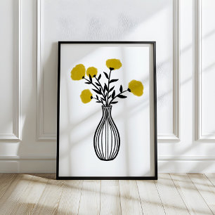 Poster Flores em Vaso de Mídia Mista Desenhadas à Mão
