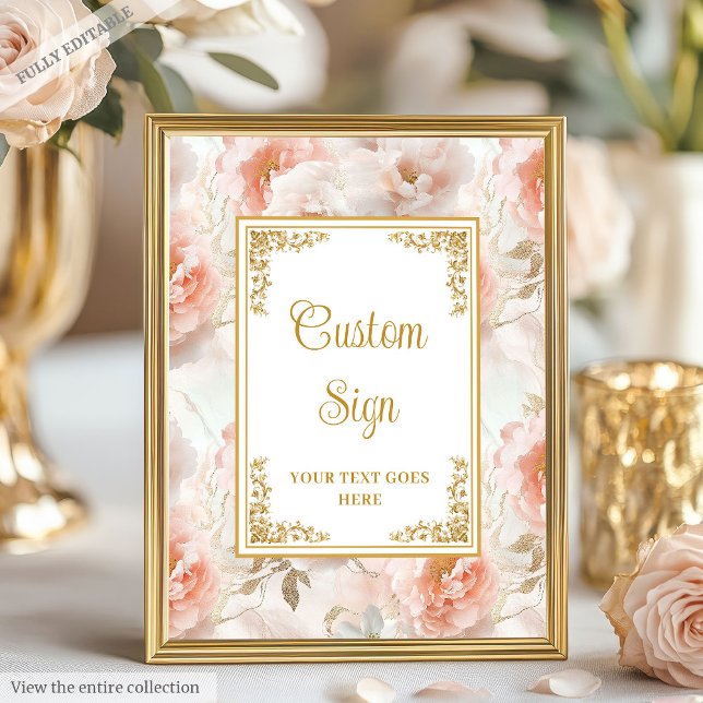 Poster Flores embebidas elegantes e sinal de casamento do (Elegant blush flowers and gold wedding custom sign)