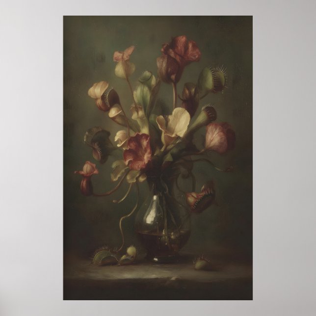 Poster Flores Escuras em Vaso de Vidro Curvo, Flor Gótica (Frente)