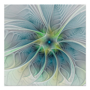Pôster Flores Fantasias Modernas Azul Flor Fractal Verde