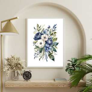 Poster Flores Florais Brancas Azuis Aquarela Elegante