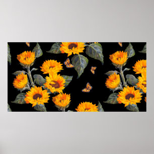 Poster Flores florais sem costura, girassóis em fundo pr