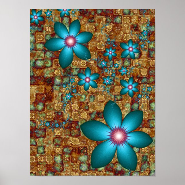 Poster Flores Fractais Turquesa (Frente)