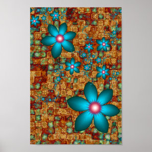 Poster Flores Fractais Turquesas