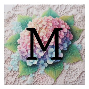 Pôster Flores hidrangea, cor-de-rosa, com rendas monogram