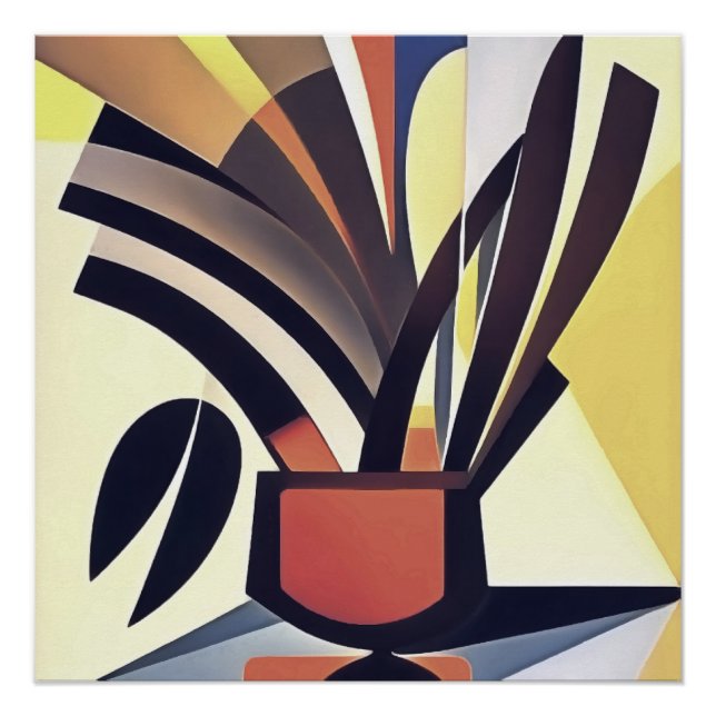 Pôster Flores Iris Em Arte Geométrica Vase Abstrato (Frente)