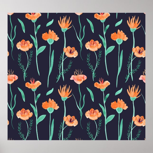 Poster Flores Laranja Fantasias: Padrão Escuro Aquarela. (Frente)