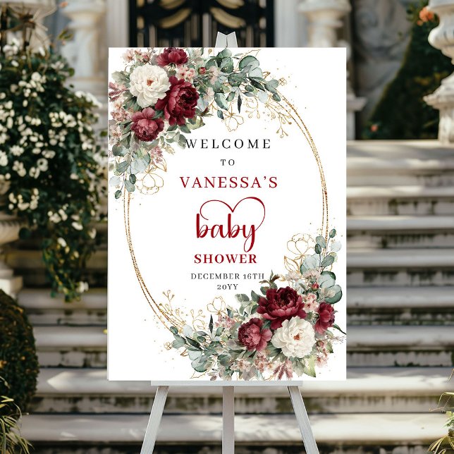 Poster Flores Marsala Eucalipto Boas-Vindas ao Chá de Beb (Marsala Flowers Eucalyptus Baby Shower Welcome)