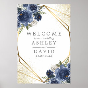 Poster Flores Navy Watercolor Floral Casamento Bem-Vindo