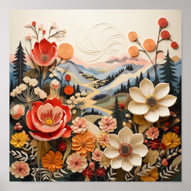 Poster Flores Negrito com Montanhas Cênicas Exteriores (Frente)