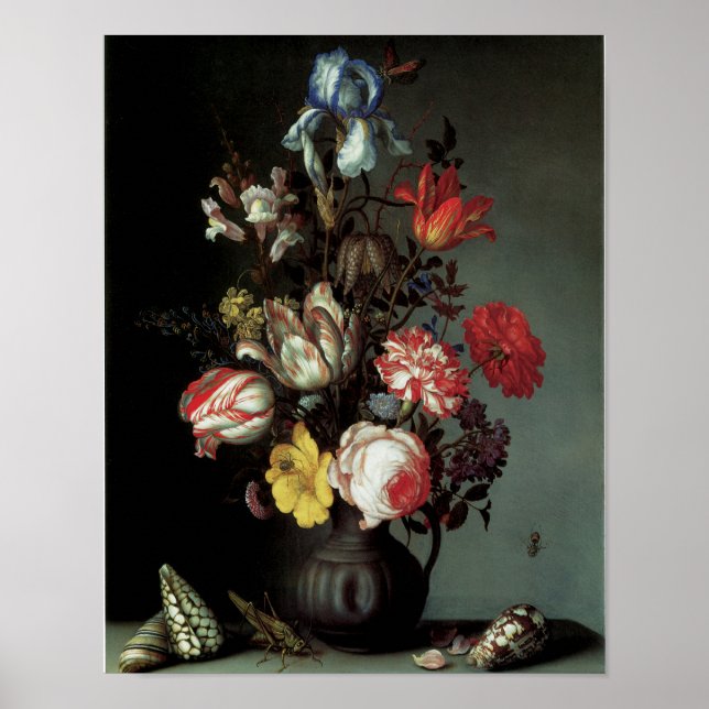 Poster Flores num Vaso com Conchas e Insetos (Frente)