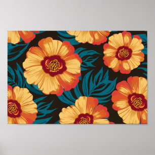 Poster Flores ouro-Amarelo e Vermelho com Folhas de Teal