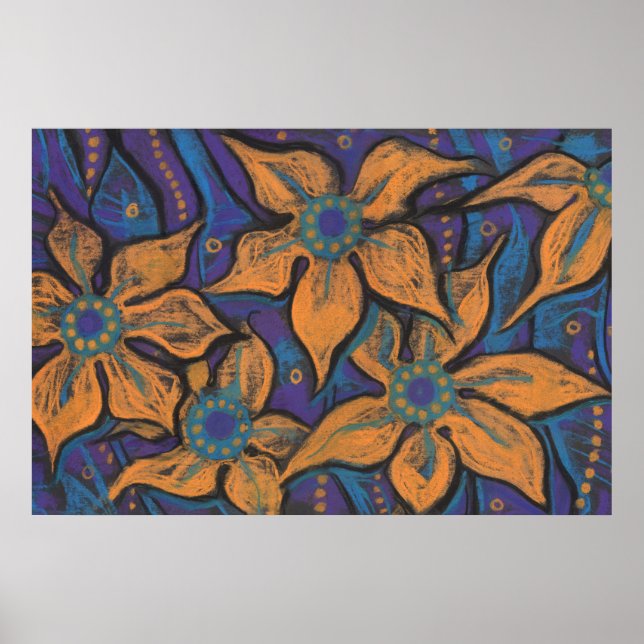 Poster Flores ouro, arte floral abstrato, laranja roxo (Frente)