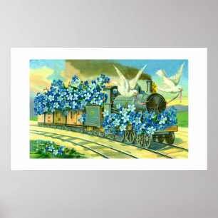 Poster Flores, pombas e trem