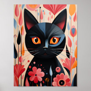 Poster Flores Pretas, Rosa, Gato
