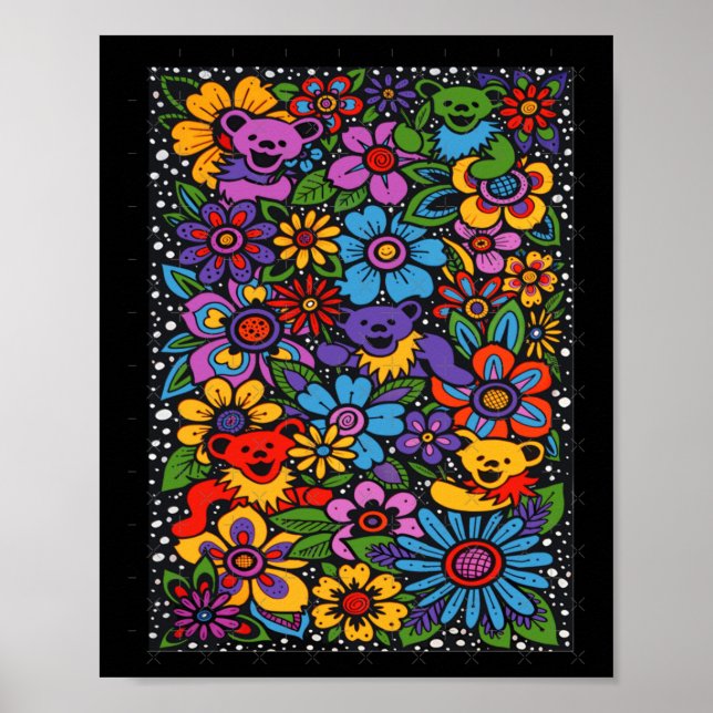 Poster Flores Psicodélicas Ursos Dançantes Coloridos Grat (Frente)