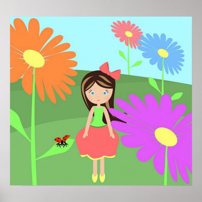 Poster Flores, Rapariga e Ladybug (Frente)