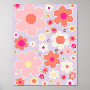 Poster Flores Retro Coloridas Laranja Branco Lilac Rosa