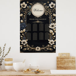 Poster Flores românticas brilhantes sobre fundo azul prof