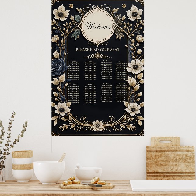 Poster Flores românticas brilhantes sobre fundo azul prof (Cozinha)