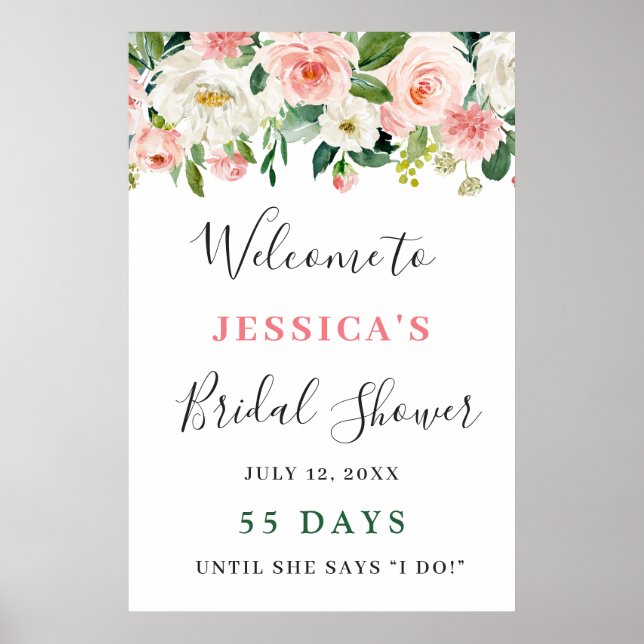 Poster Flores Rosa Bege Elegantes Chuveiro de Noiva Boho (Frente)