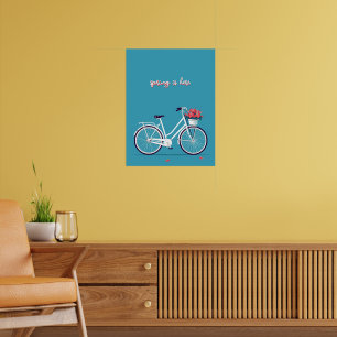 Poster Flores Rosa Bicicletas Brancas Fundo Azul