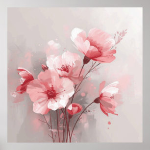 Poster Flores Rosa, Branca e Cinza
