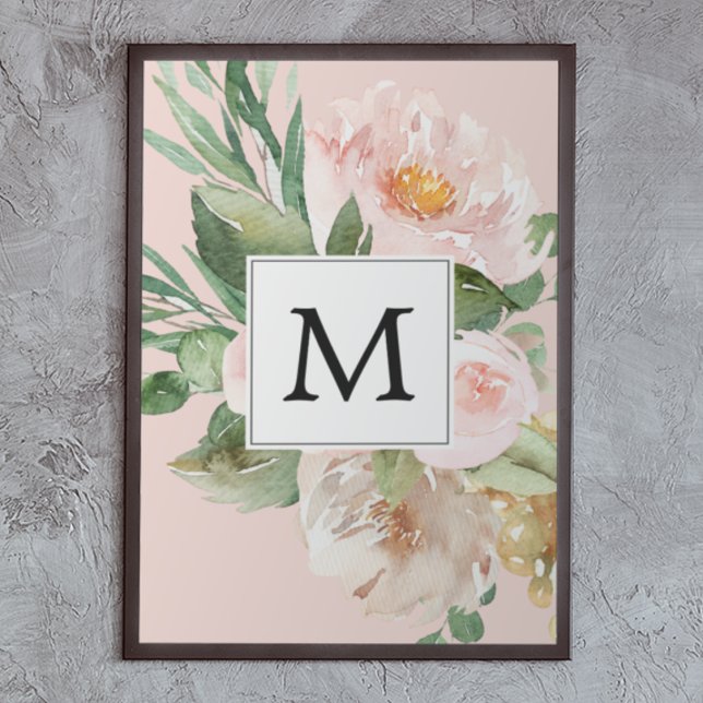 Poster Flores Rosa Cor-de-Água Moderna Monogramadas (Criador carregado)