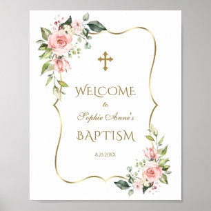 Poster Flores Rosa Dourada Frame Baptism Sinal de Boas-vi