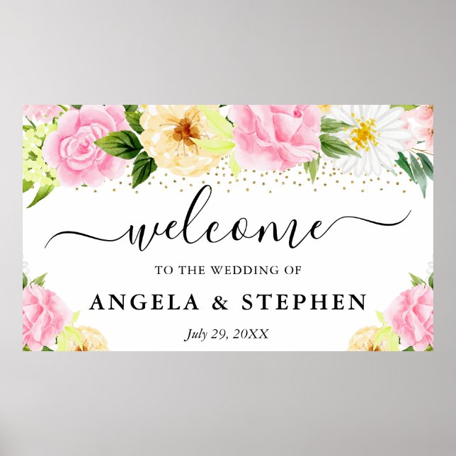 Poster Flores Rosa e Amarela Bem-vindo Casamento (Frente)