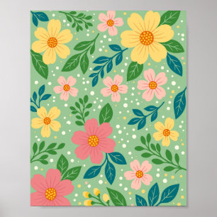 Poster Flores Rosa e Amarelo com Folhas Verdes e Azuis
