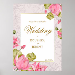 Poster Flores rosa-lótus ouro fronteira sinal de boas-vin