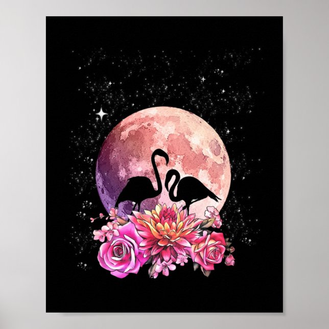 Poster Flores Rosa Lua E Amor Flamingo (Frente)
