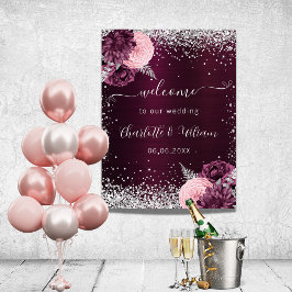 Poster Flores rosa prata Borgonha bem-vinda casamento
