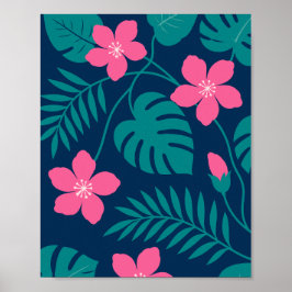Poster Flores Rosa Tropical e Desenho de Folhagem Verde