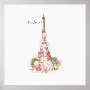 Poster Flores rosadas cinzentas Paris Torre Eiffel