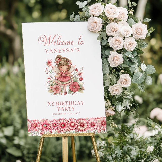 Poster Flores Rosadas de Fada Caprichosa Bem-vindo ao 4º  (Whimsical Fairy Blush Flowers 4th Birthday Welcome Sign)